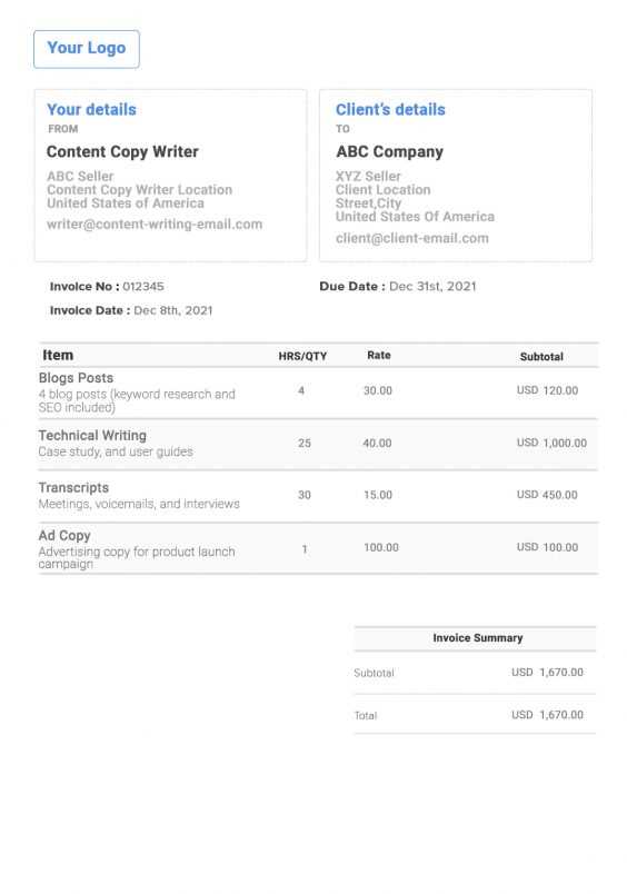 invoice template for freelance writers