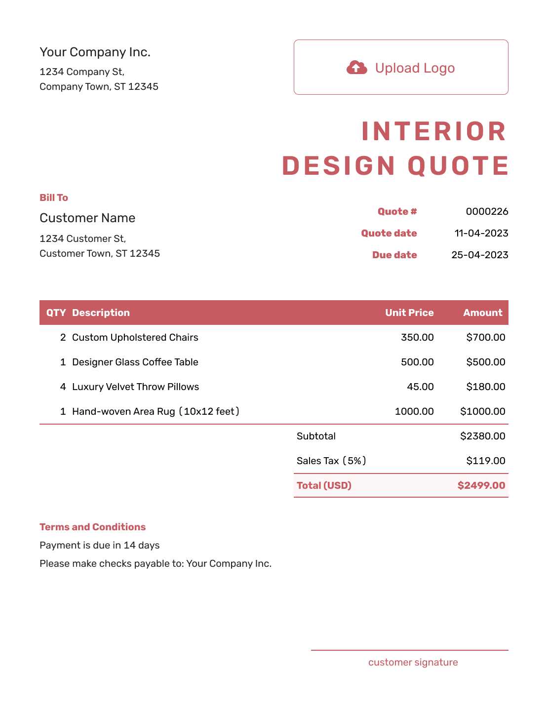 invoice template for interior design services