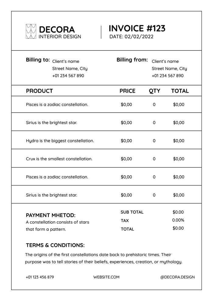 invoice template for interior design services