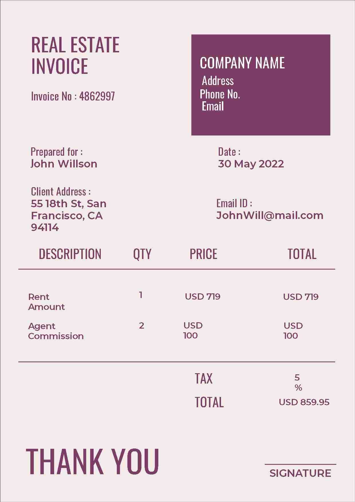 invoice template for real estate commission