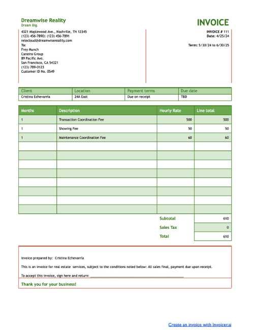 invoice template for real estate commission