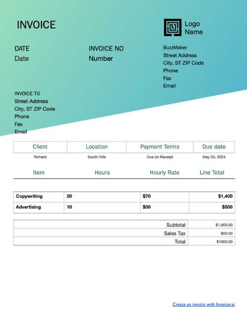 invoice template for social media services