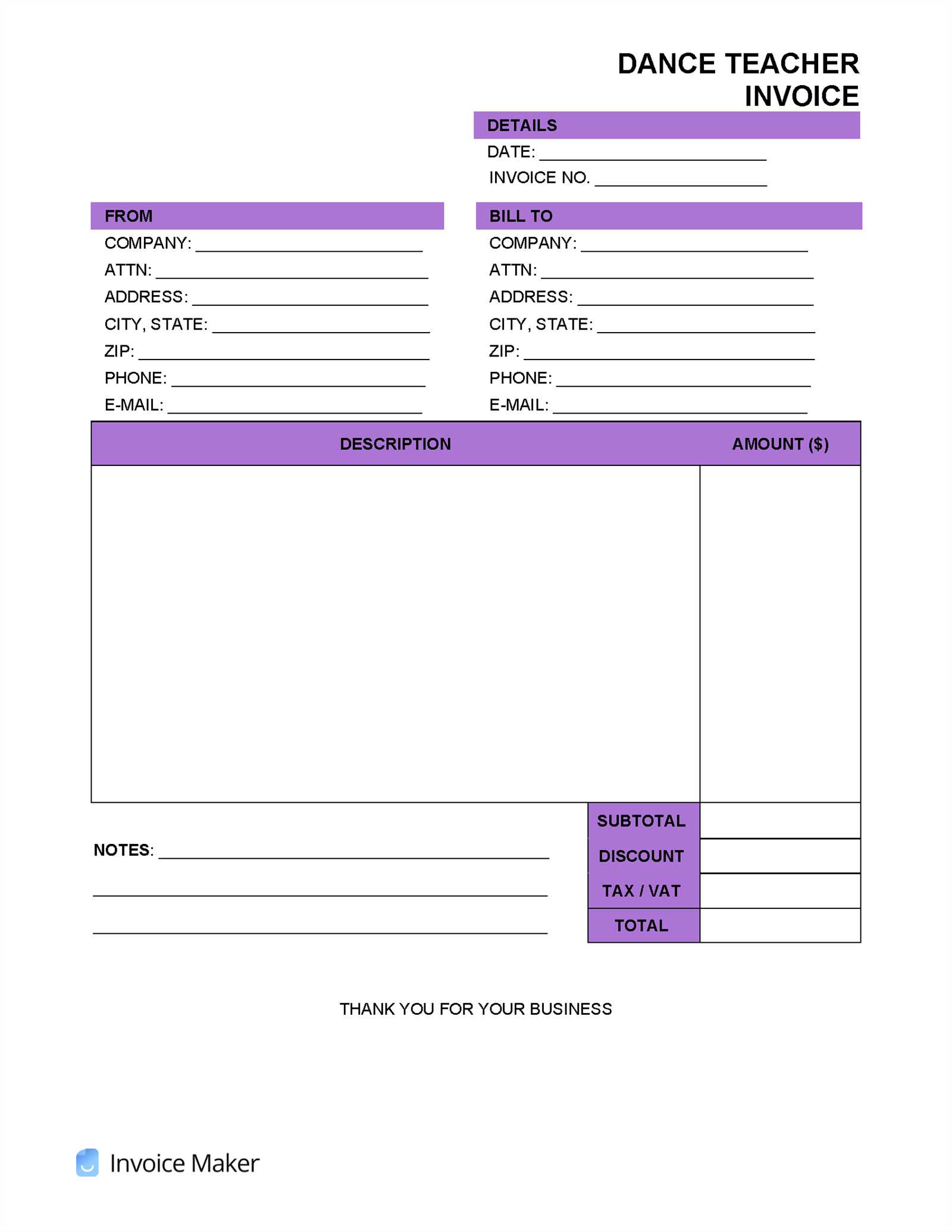 invoice template for yoga teacher