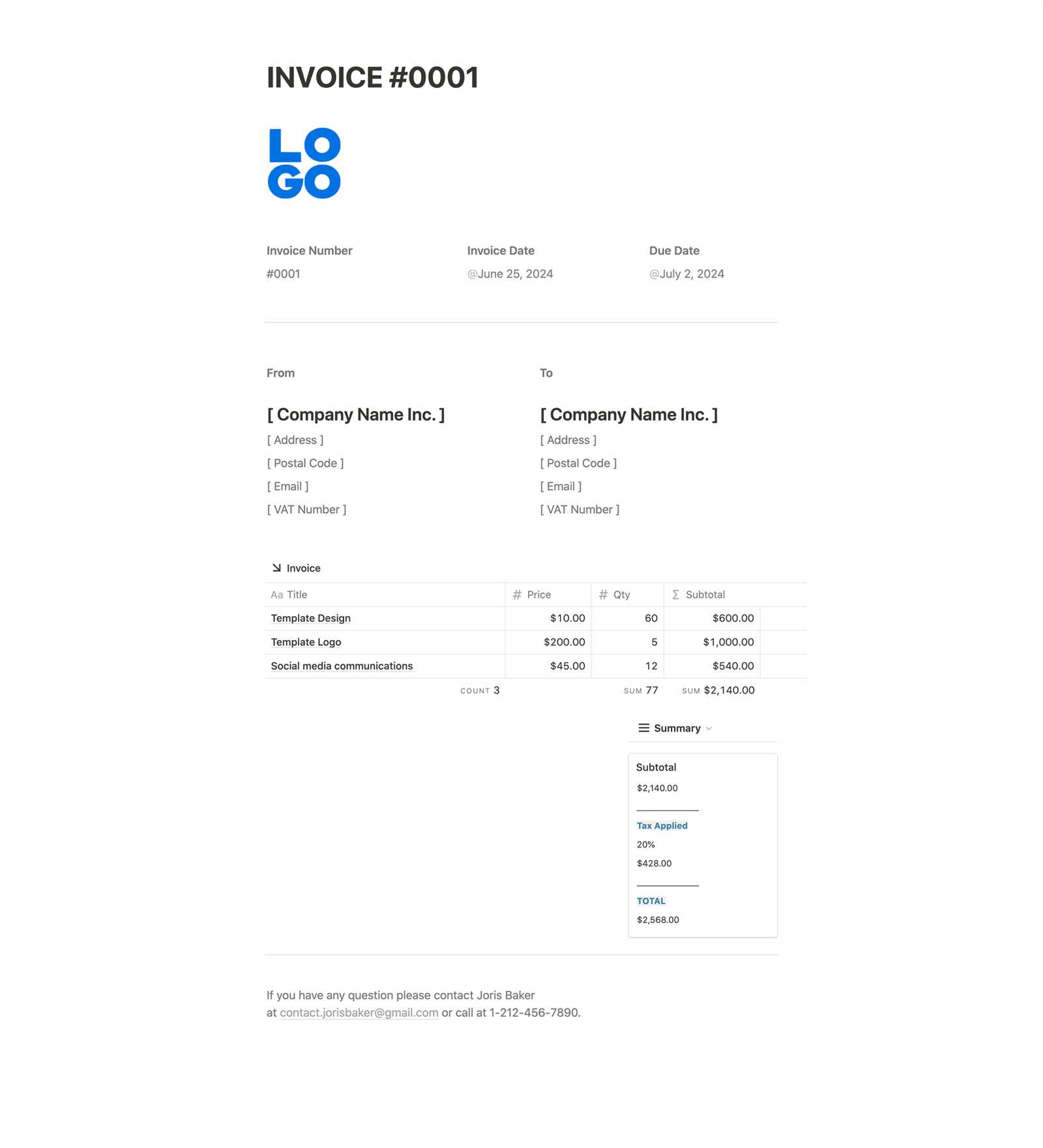invoice template notion
