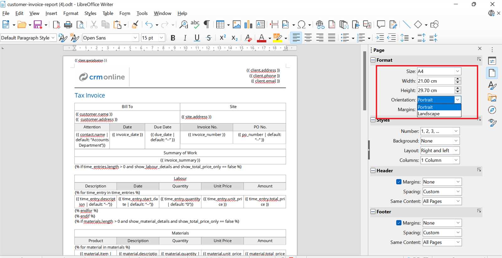 invoice template odt