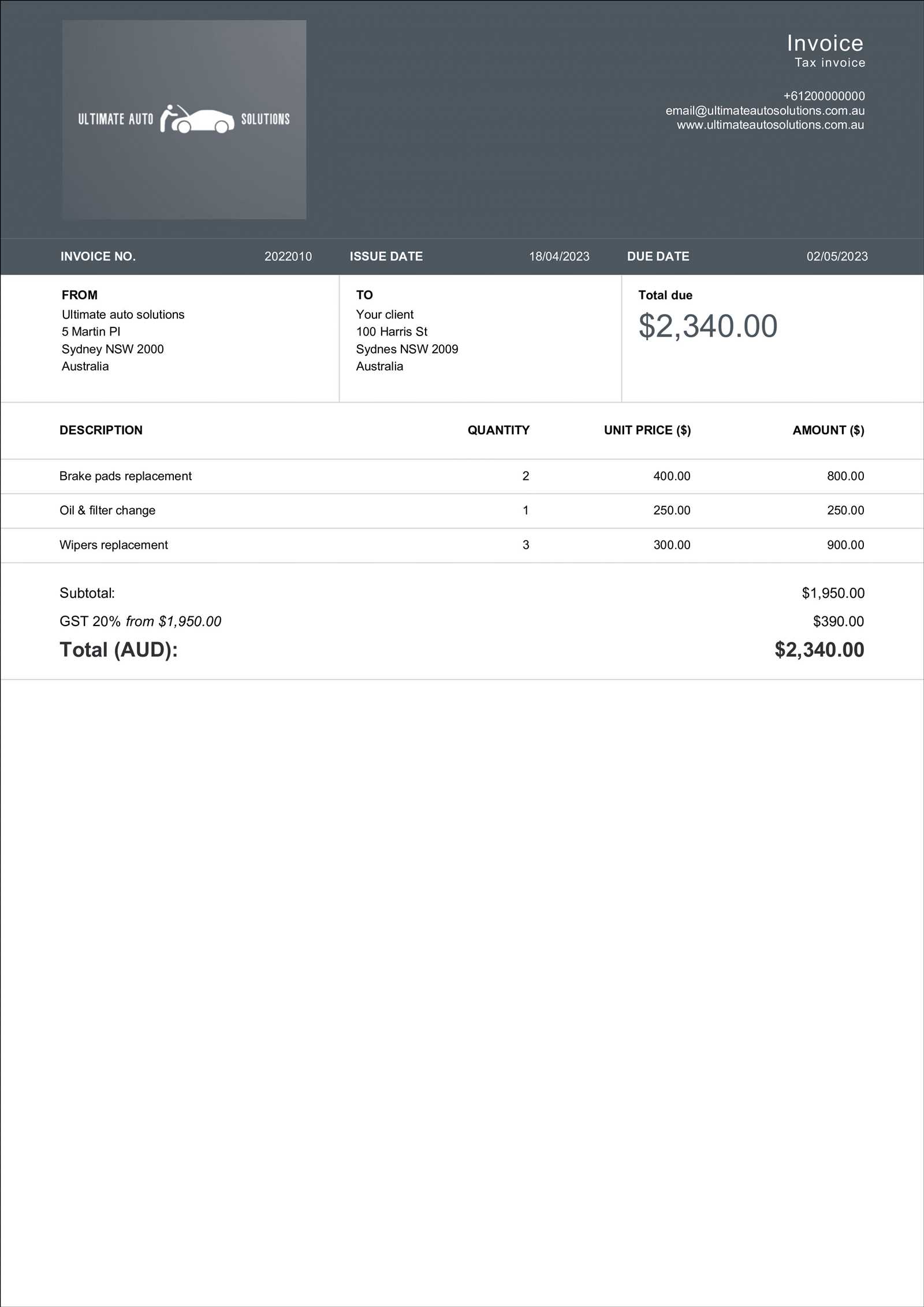 mechanic invoice template excel