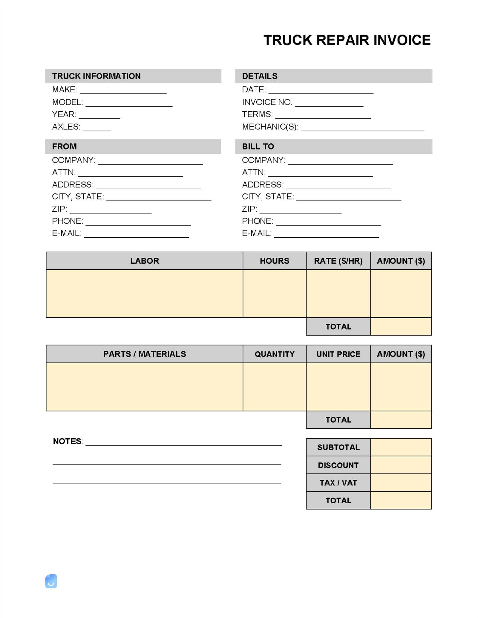 mechanic shop invoice template