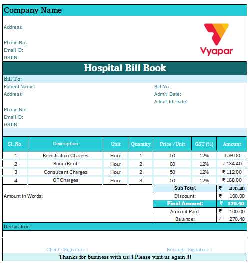 medical invoice template excel