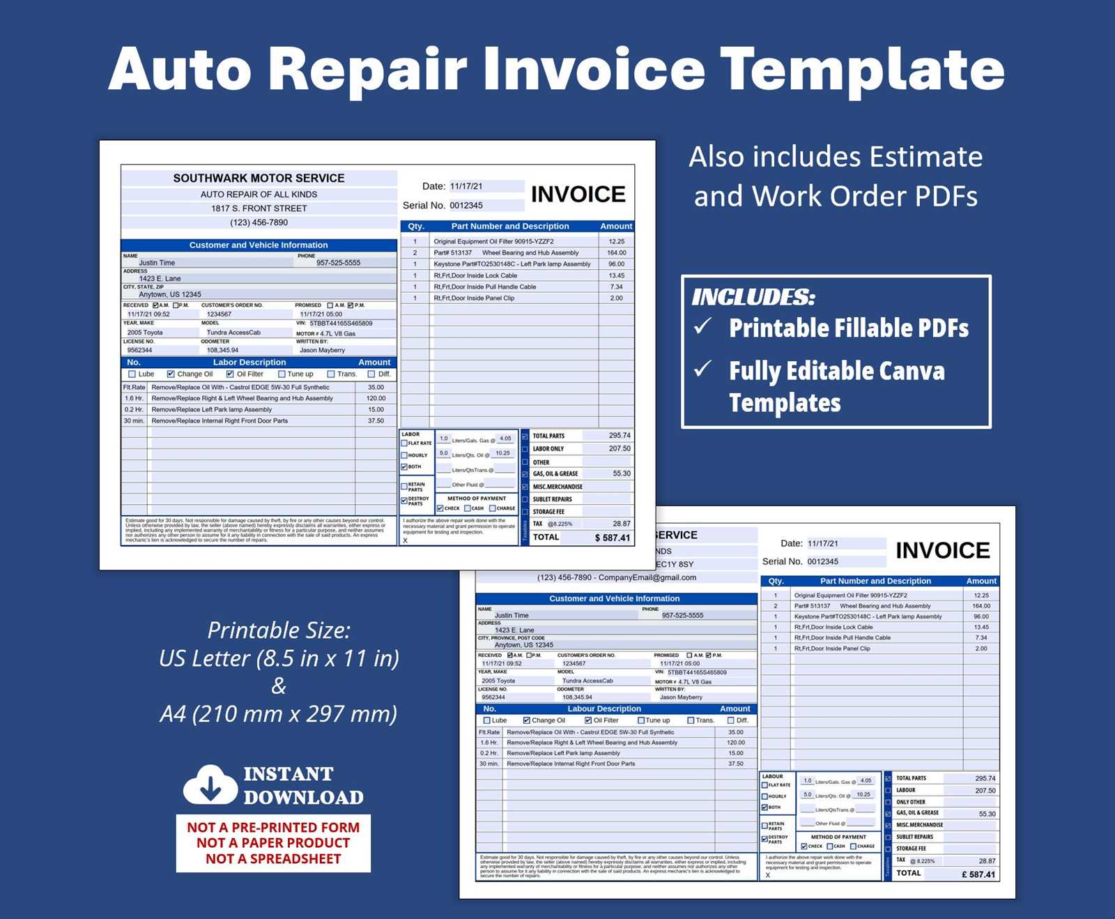 motor vehicle repair invoice template