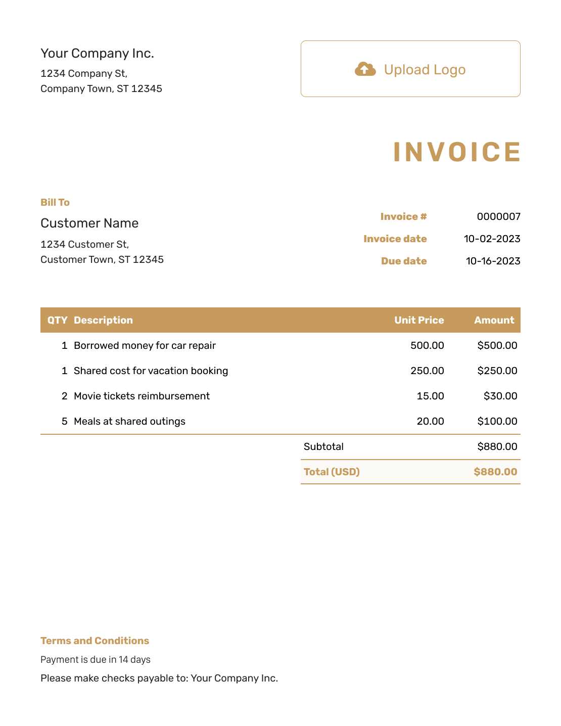 personal service invoice template