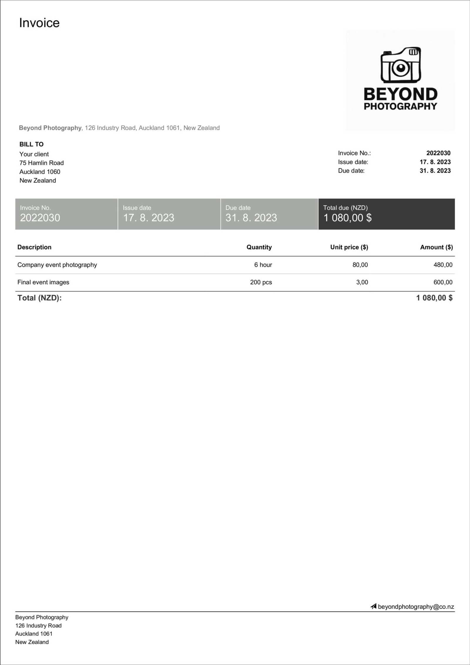 photography billing invoice template