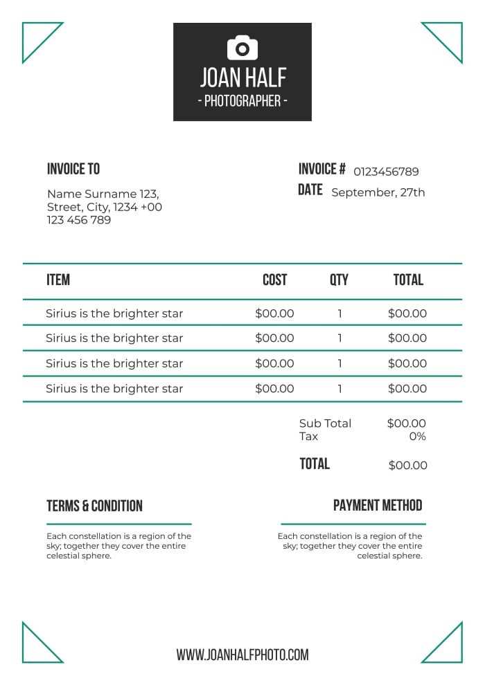 photography billing invoice template