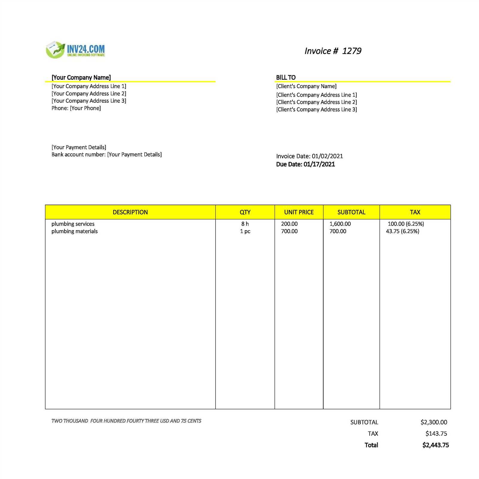 plumber invoice template word