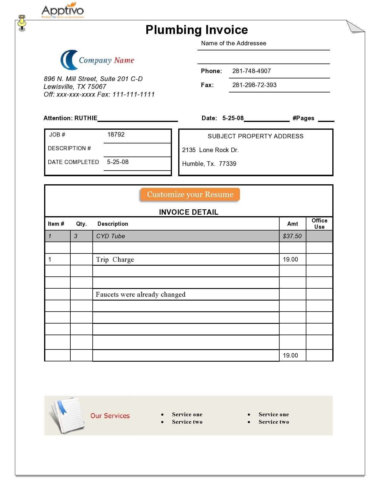 plumbing invoice template excel