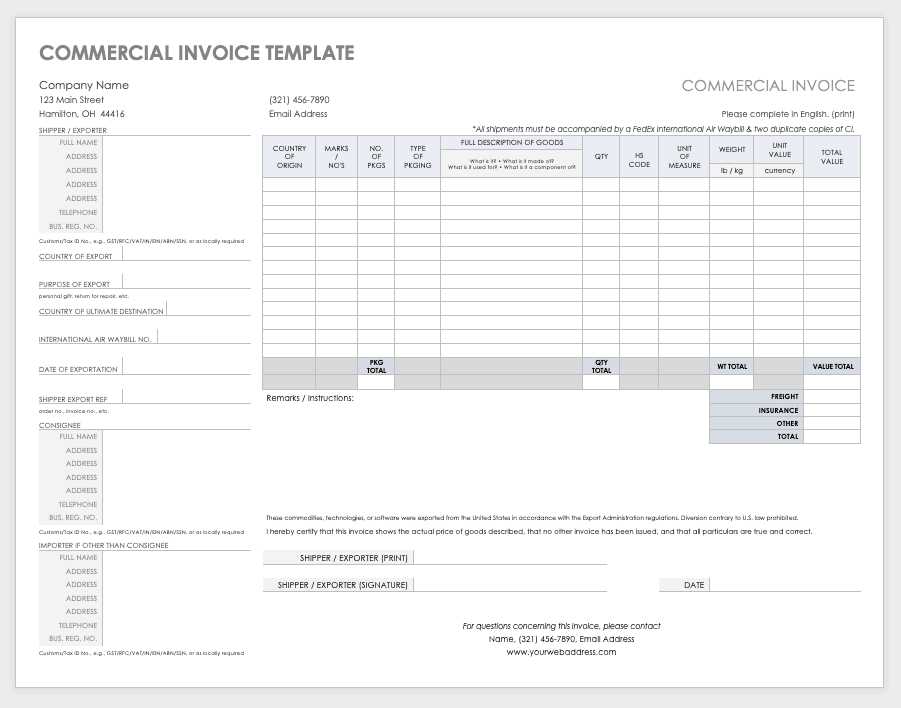printable commercial invoice template