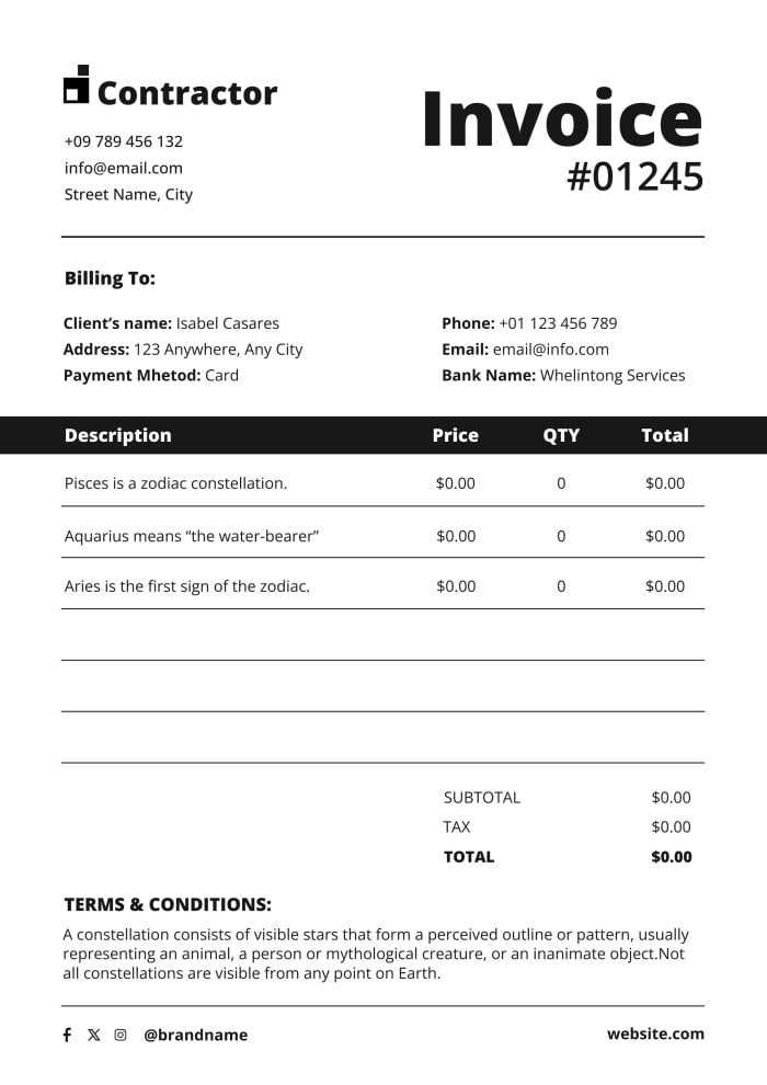 printable contractor invoice template