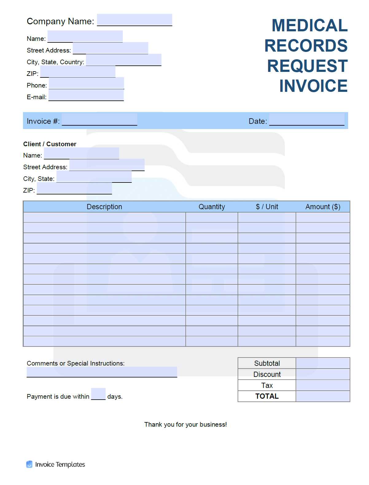 printable format medical records fee invoice template