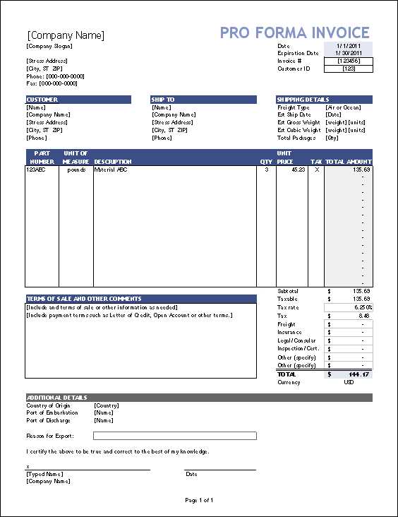 proforma invoice for export template