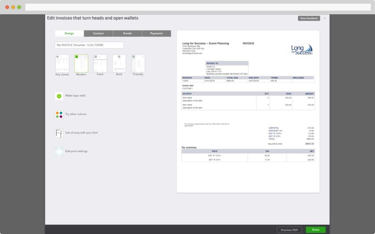 quickbooks automotive invoice template