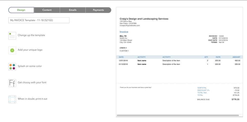 quickbooks online template invoice