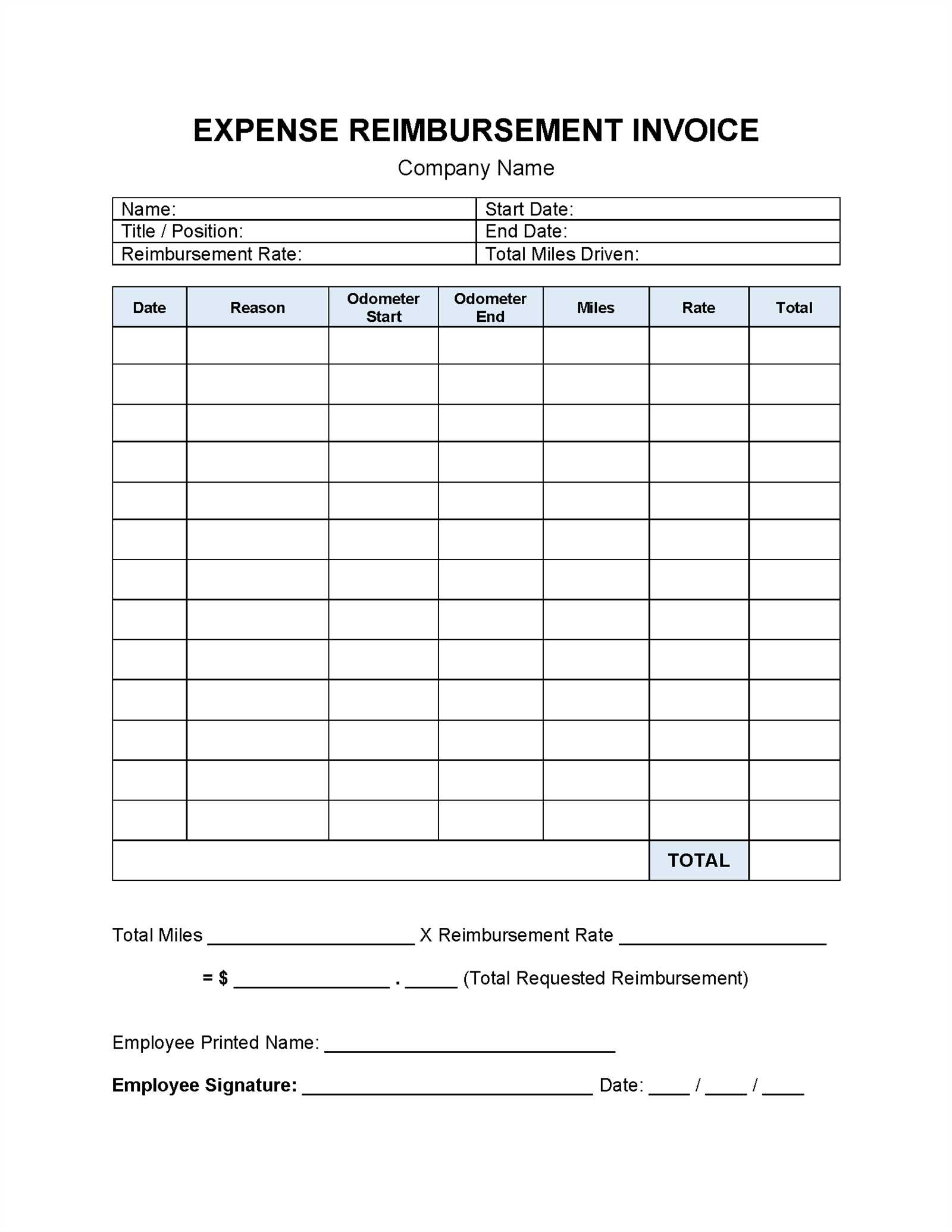 reimbursement invoice template