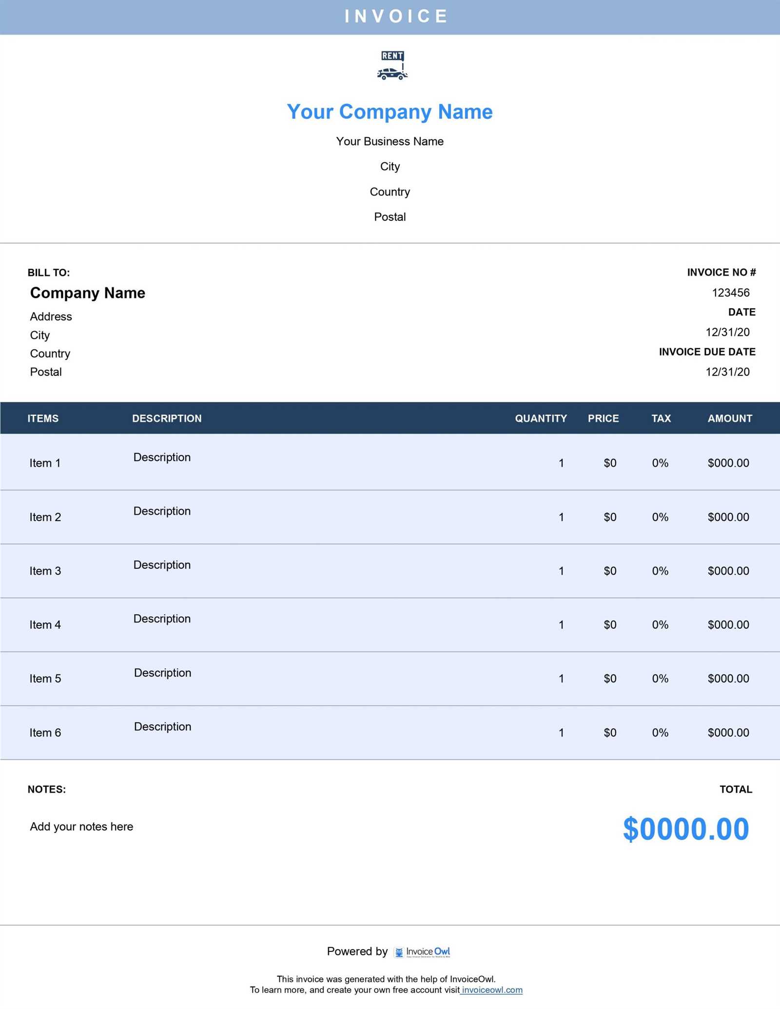 rent a car invoice template