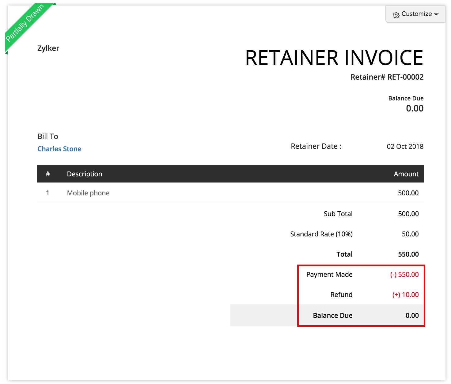 retainer fee invoice template