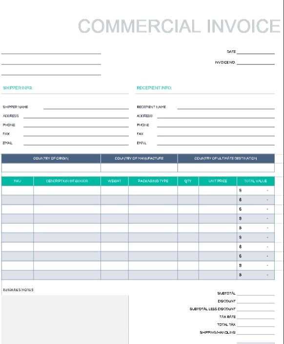 sample commercial invoice template