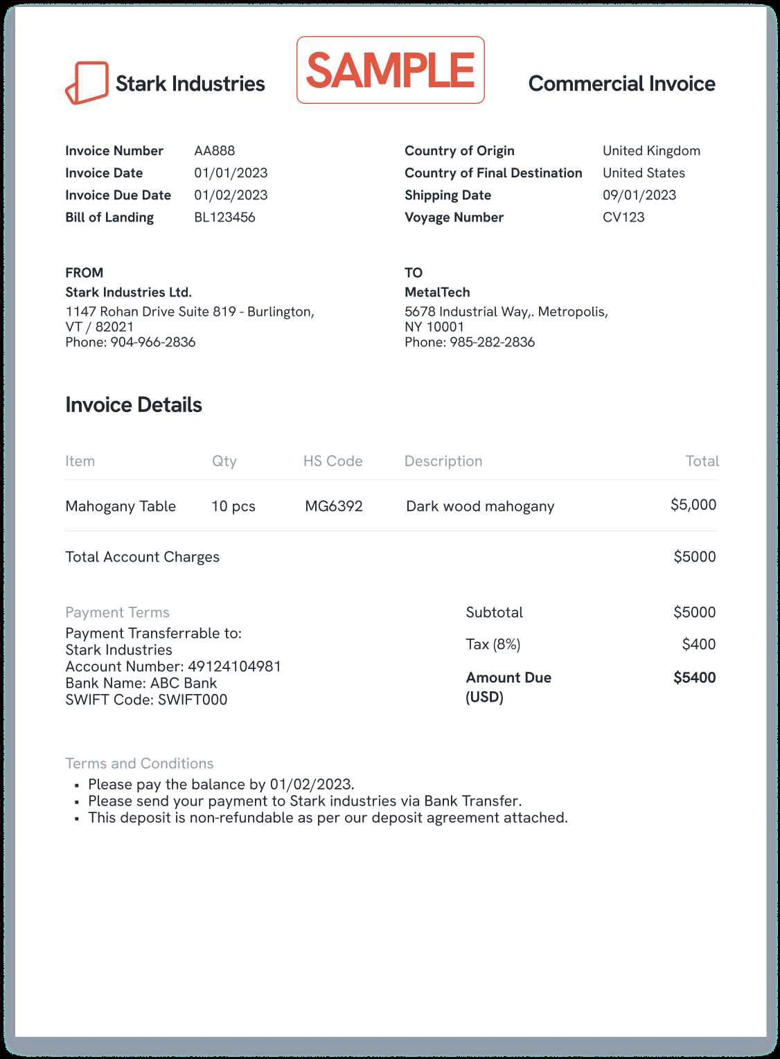 sample commercial invoice template