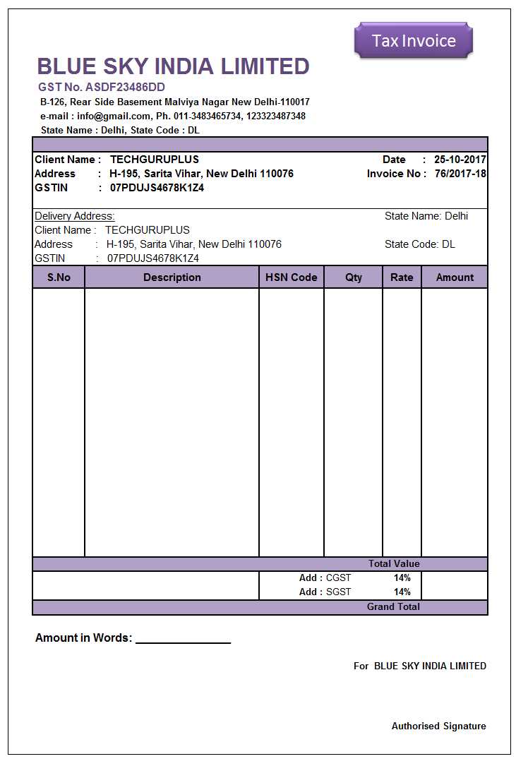 sample invoice template excel