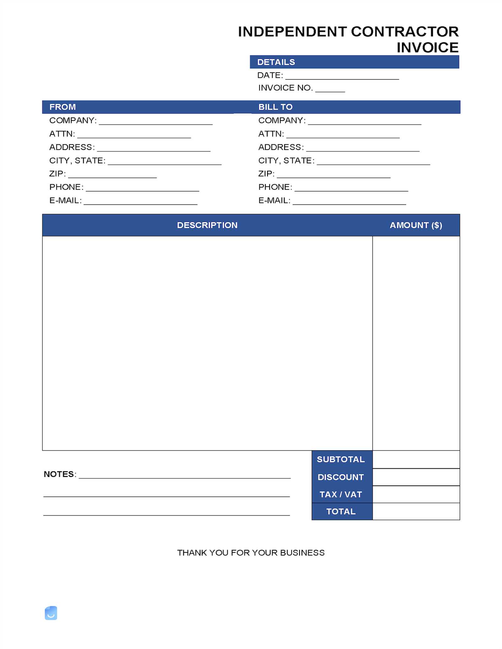 self employed contractor invoice template