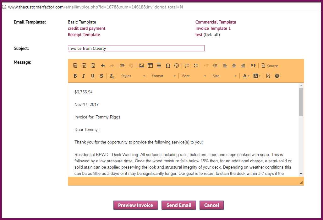 sending invoice email template