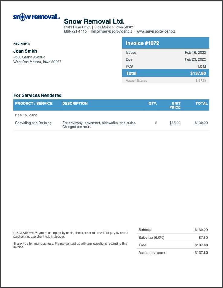 snow removal invoice template excel