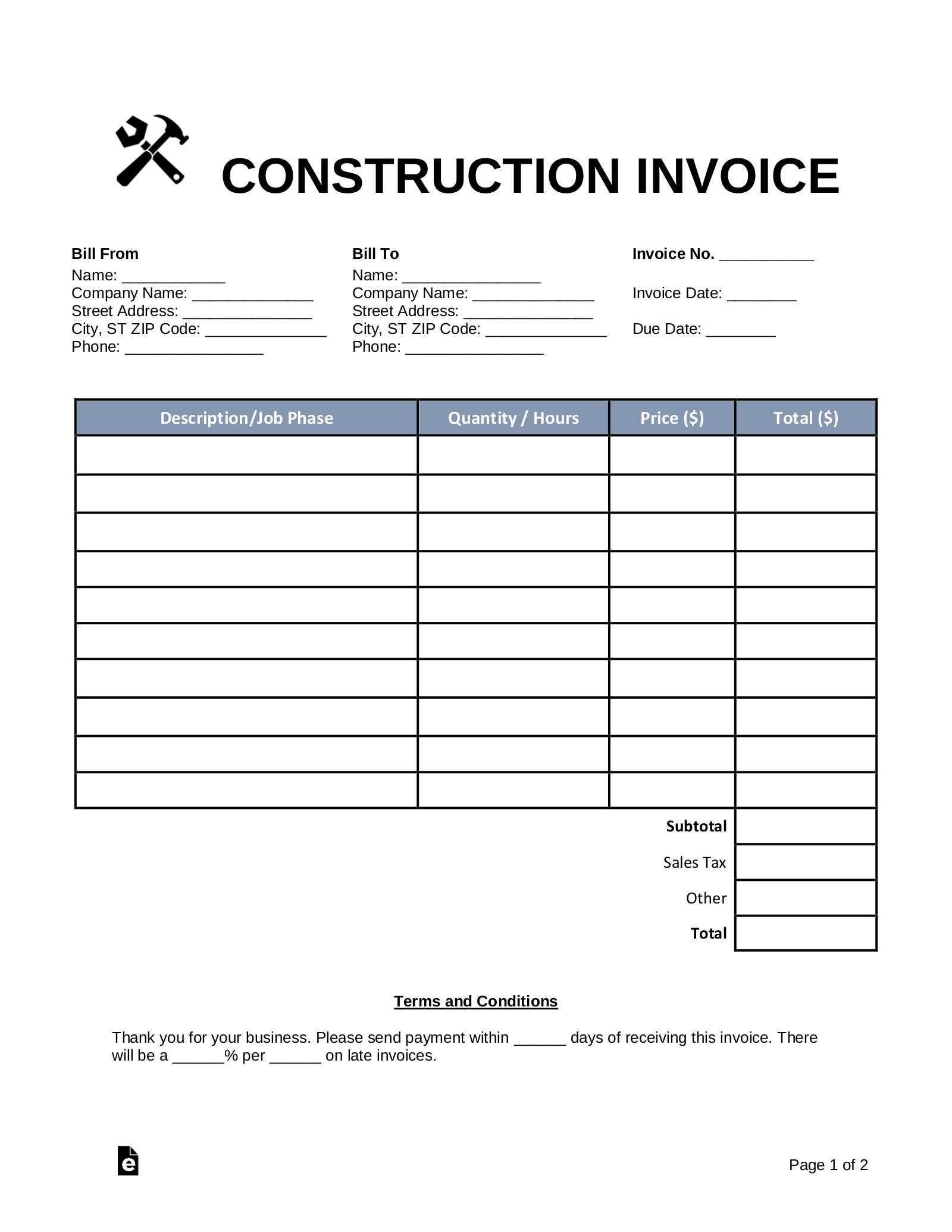 sub contractor invoice template