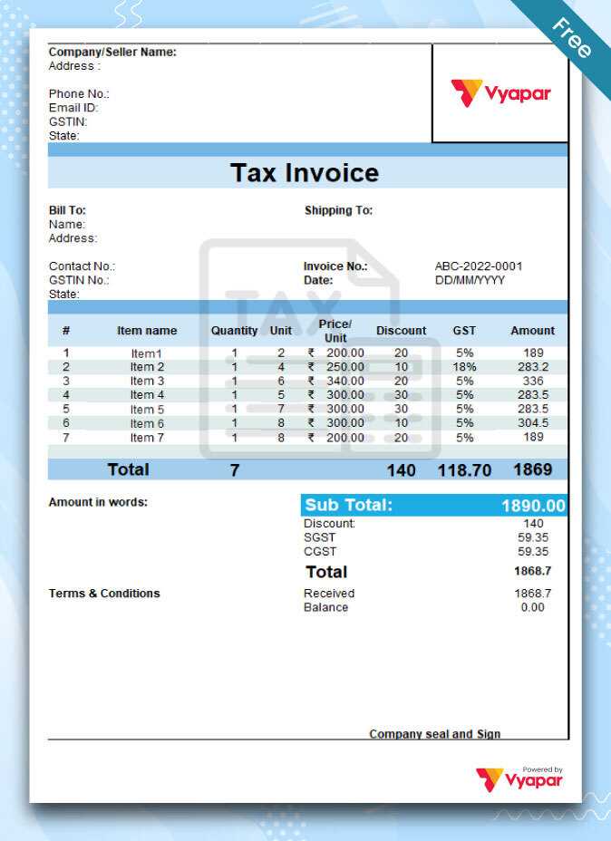 tax invoice template free download