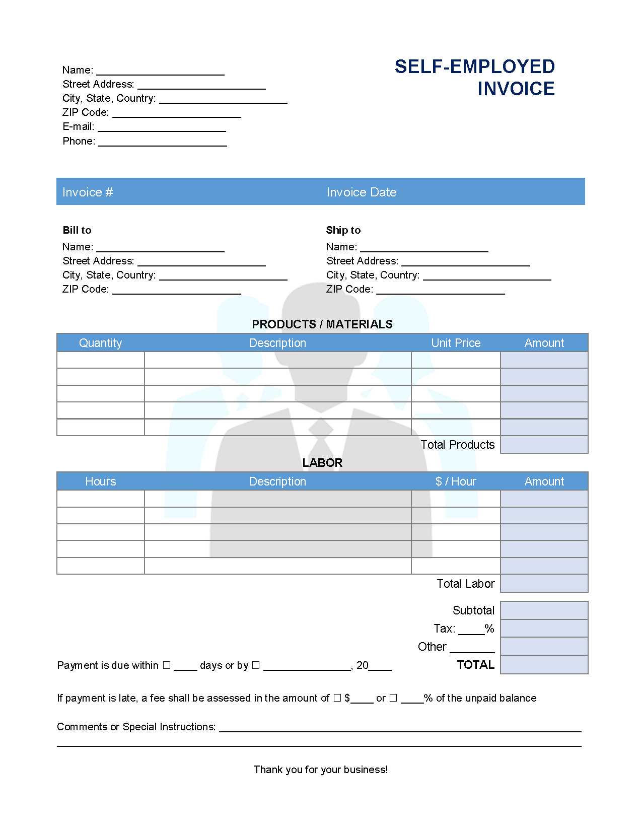 template for self employed invoice