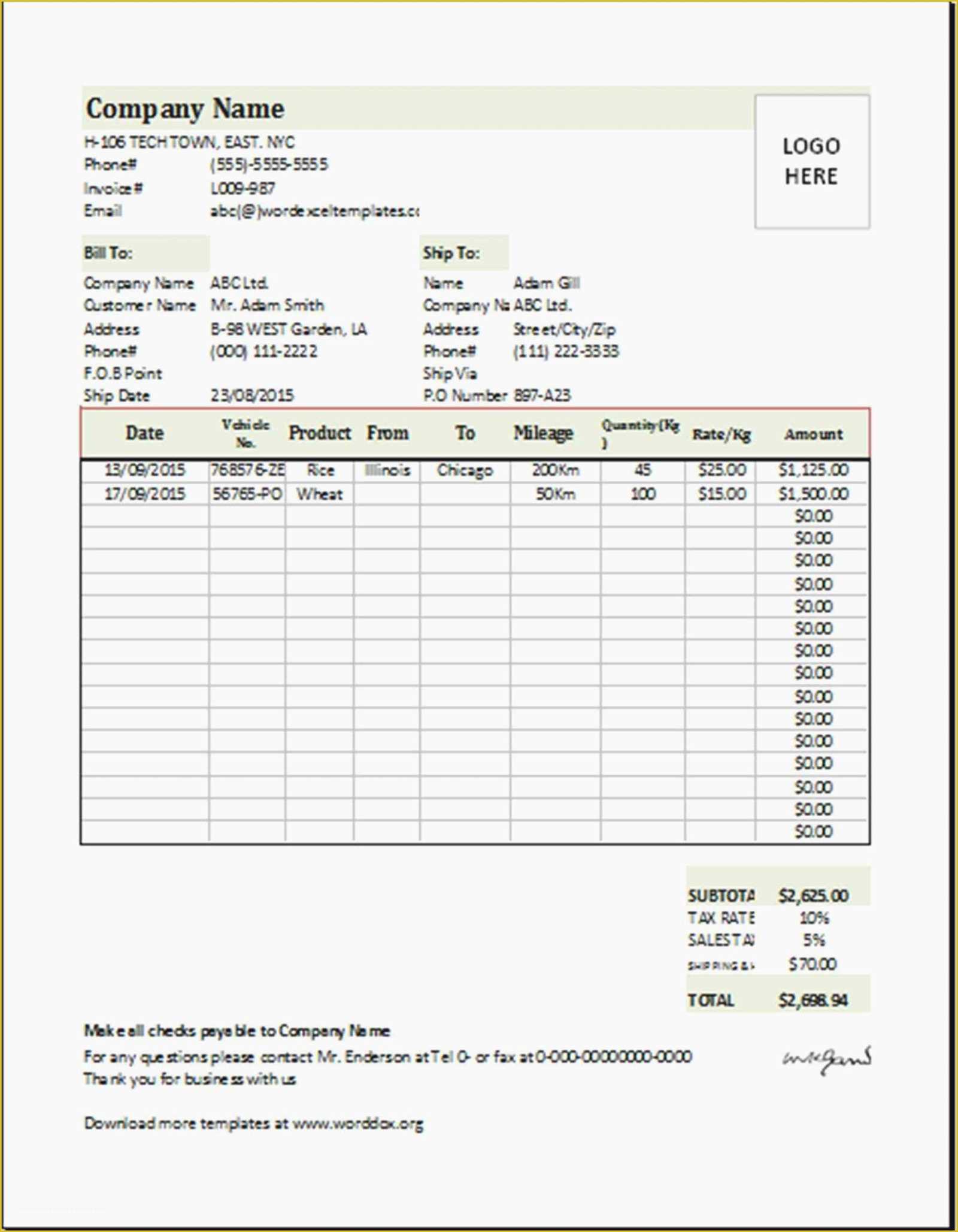 transportation invoice template free