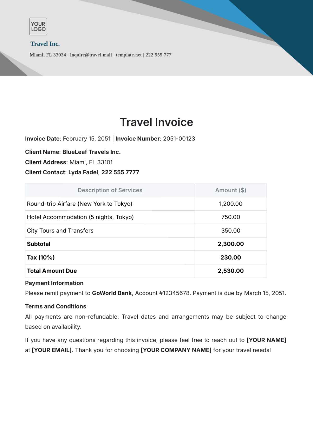 travel invoice template word