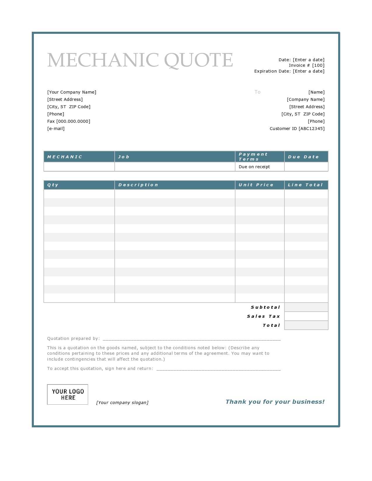 truck repair invoice template