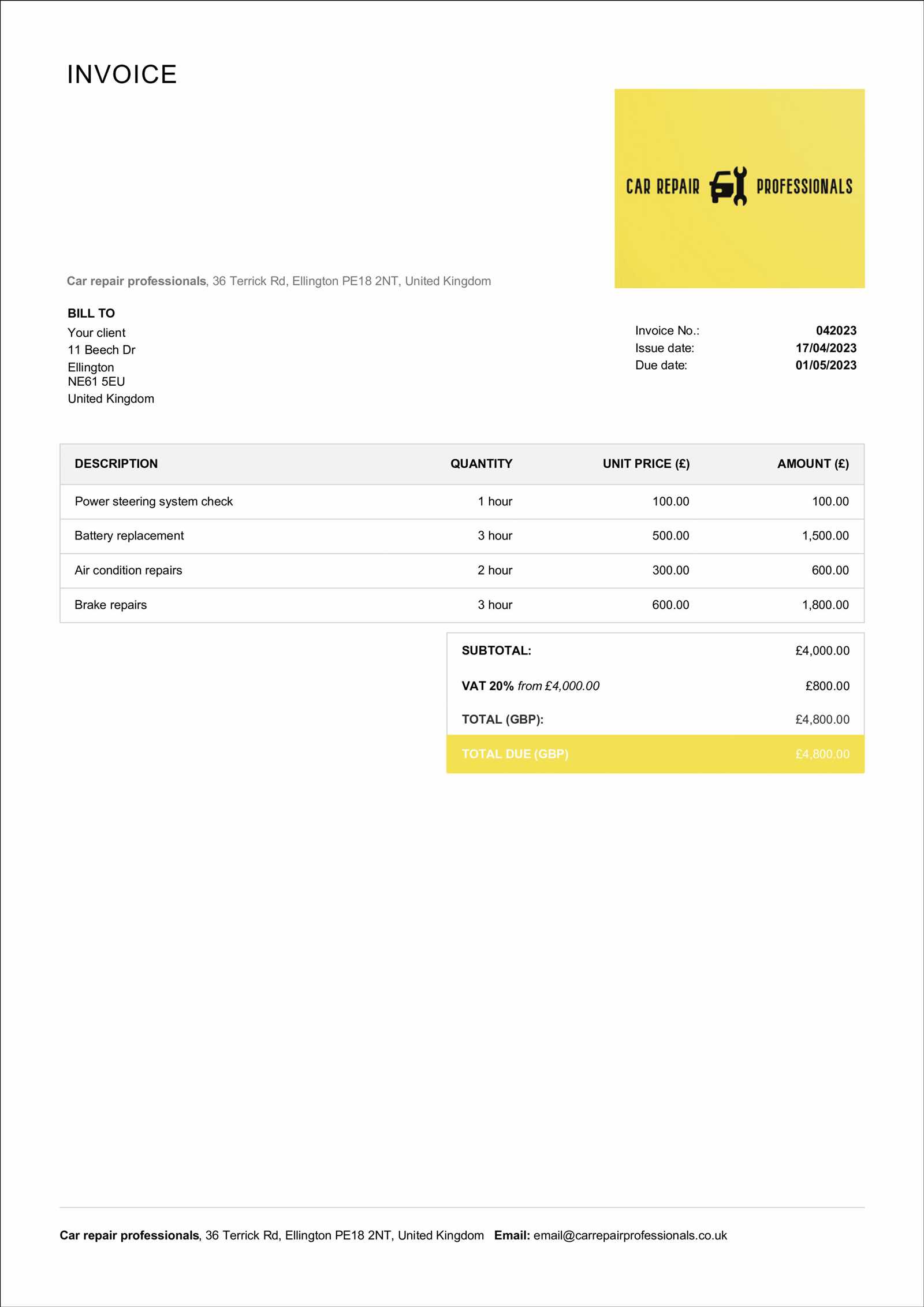 used car invoice template uk