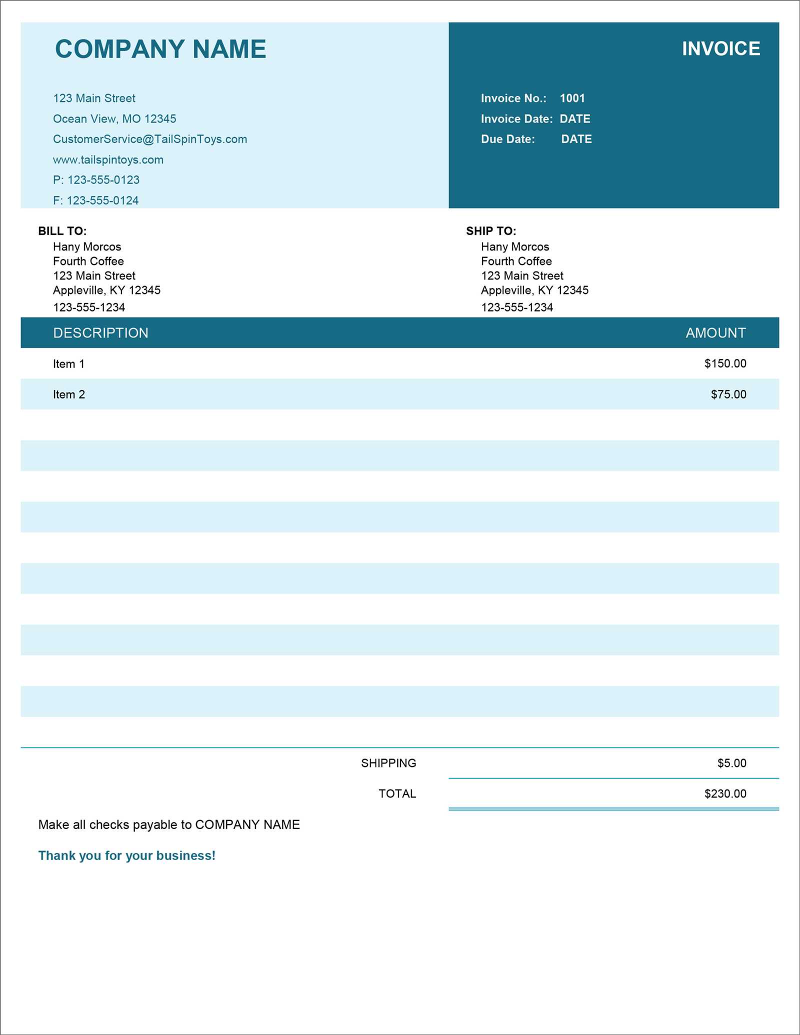 word invoice template that calculates total