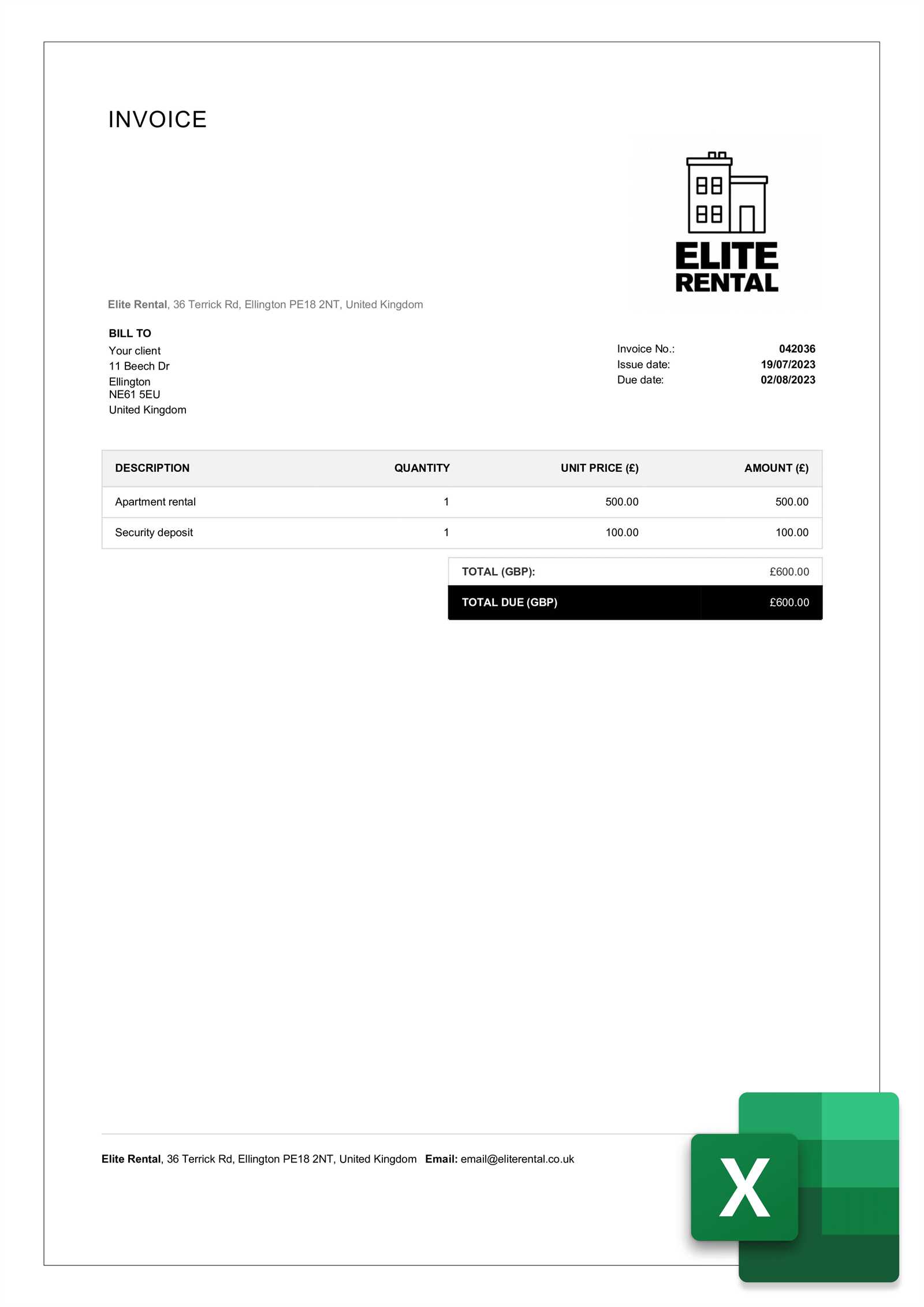 word monthly rent invoice template