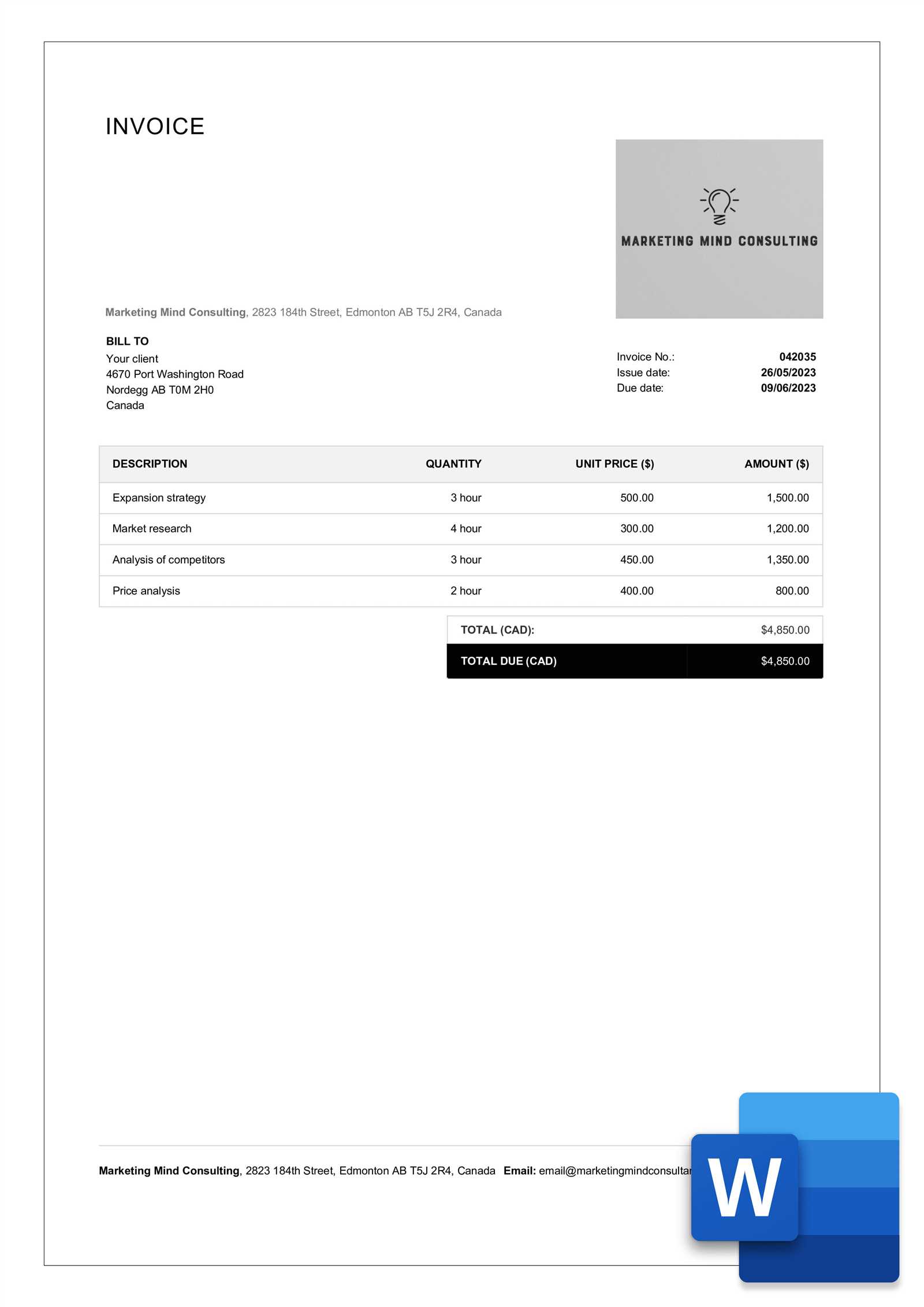 word template for invoice