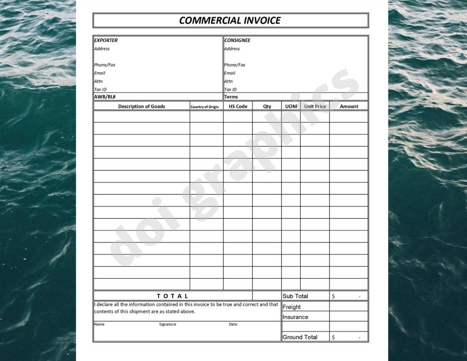 blank commercial invoice template