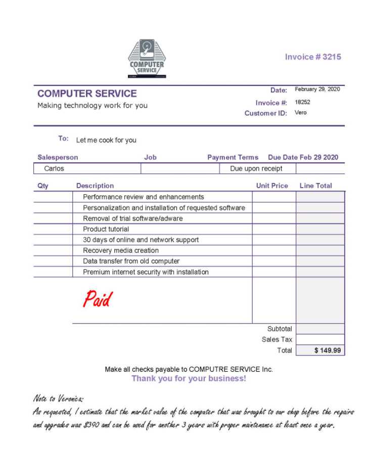 invoice template for computer services