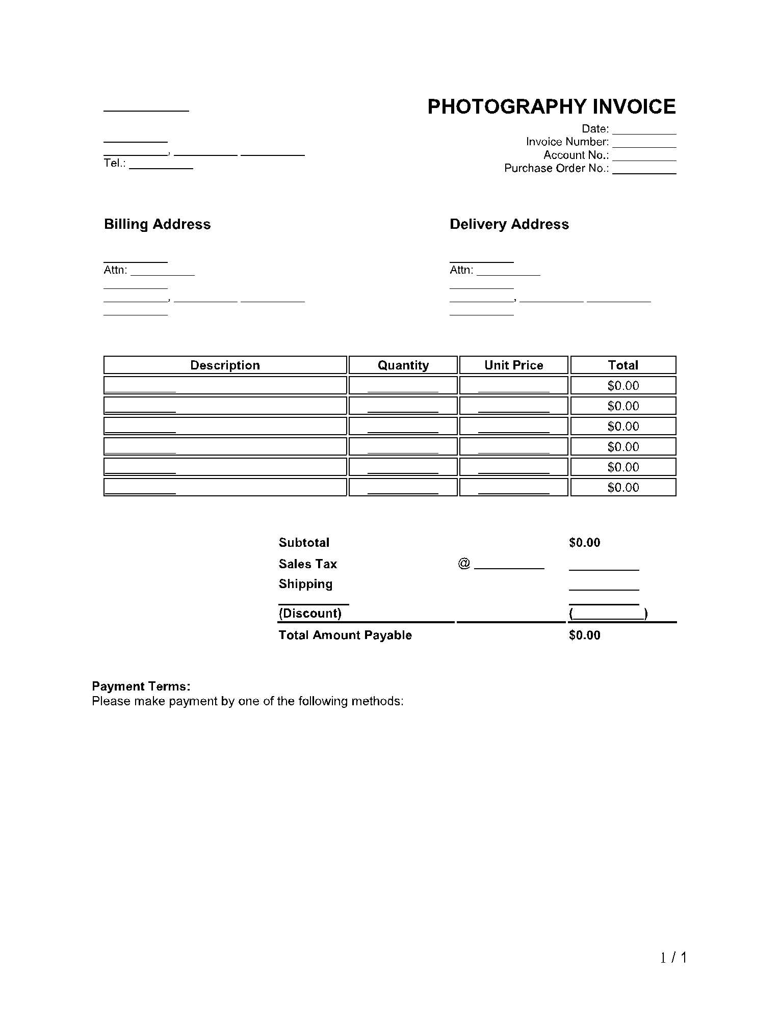 photography billing invoice template