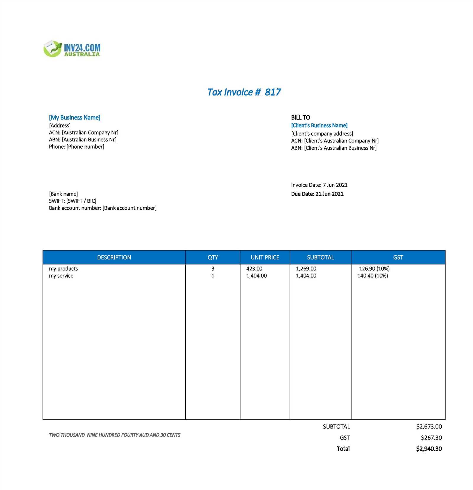 bank invoice template