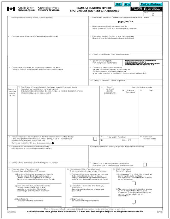 blank commercial invoice template