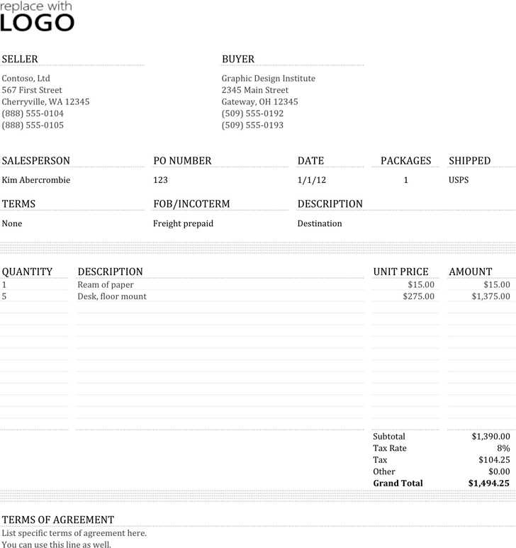 blank commercial invoice template