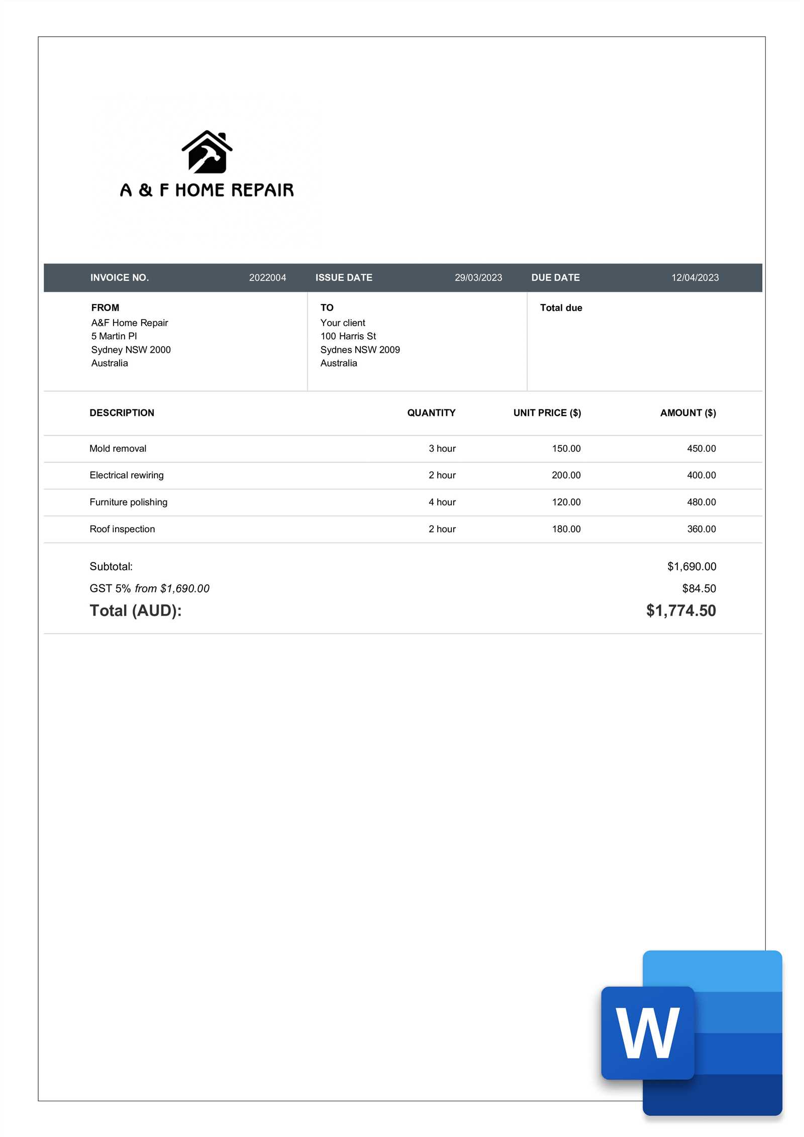 blank construction invoice template